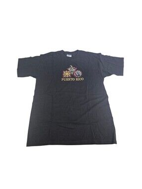 Puerto Rico T Shirt L Black Cotton Embroidery Caribbean Sea Palm Tree New